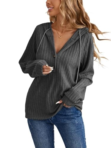 Image of iChunhua Grey Hoodies for Women UK Basic V Neck Long Sleeve Hooded Top With Buttons Slouch Ladies Sweatshirts and Hoodies Dark Grey M