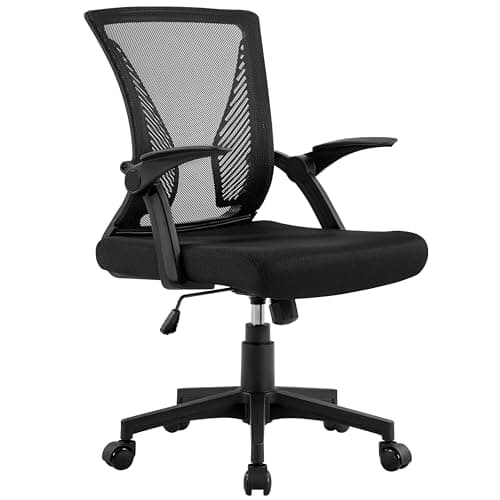 Image of Yaheetech Ergonomic Mesh Office Chair, Swivel Computer Desk Chair with Flip-up Armrests and Lumbar Support, Reclining for Home Office, Study Room Bedroom, Black