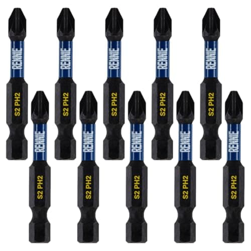 Image of 10 x Rennie Tools 50mm Long PH2 Impact Screwdriver Driver Bits Set. Magnetic Phillips No.2 Heavy Duty Impact Driver Bit Set. PH2 Bits. Hex Shank. Cross Head Impact Bits