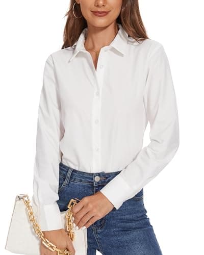 Image of SPRING SEAON Womens Dress Shirts Long Sleeve Button Down Blouse Collared Regular Fit Wrinkle Free Office Work Casual Tops Ladies Work Shirt White