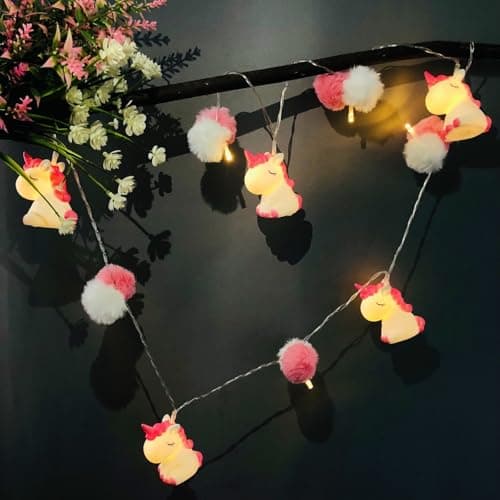 Image of Riaxuebiy Cute Animal Unicorn Shape 20 LED Fairy String Lights USB&Battery Powered Night Light for Halloween Christmas Thanksgiving Home Party Children Kids Bedroom Decoration (Unicorn+Poms)