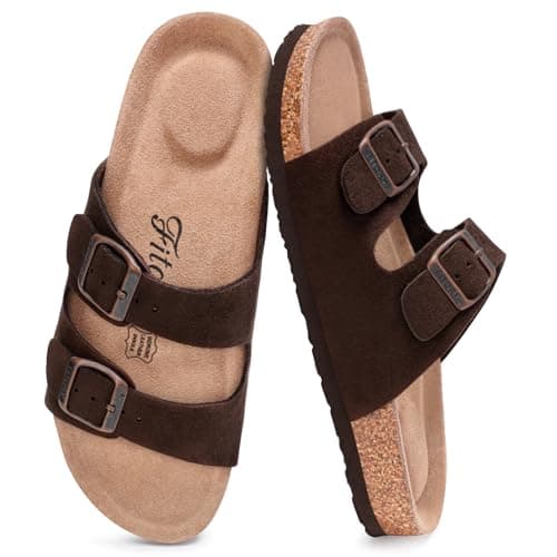 Image of FITORY Womens Flat Sandals with Cork Footbed, Open Toe Slides Adjustable Slip On Slippers for Summer Suede Brown Size 6