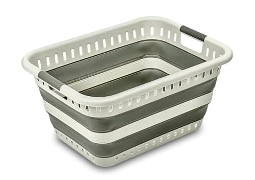 Image of Addis Space-Saving Foldable Laundry Basket 45 litre Clothes Washing Hamper with Straight Soft-Grip Handles, White & Grey
