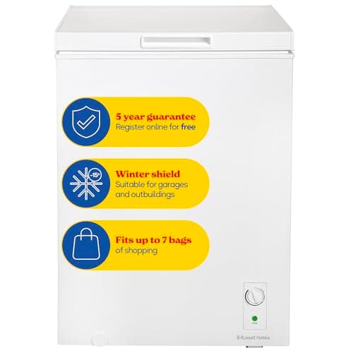 Image of Russell Hobbs White Chest Freezer 143L Freestanding with 5 Year Warranty, Adjustable Thermostat, Chill or Freeze Function, 4 Star Freezer Rating & Suitable for Outbuildings & Garages RH142CF0E1W