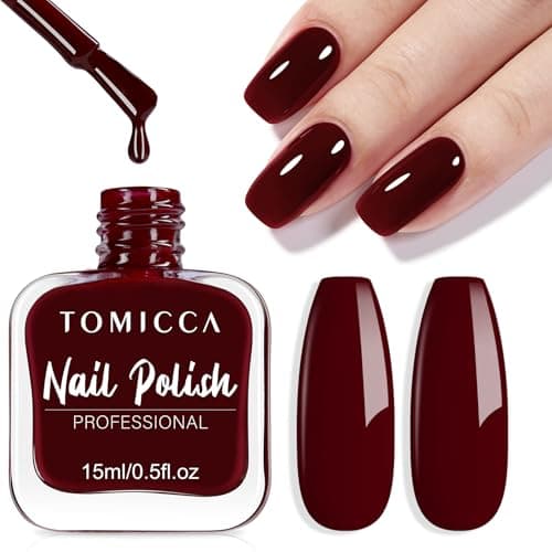 Image of TOMICCA Quick Dry Burgundy Nail Polish, Long Lasting Wine Red Cherry Red for DIY Salon Manicure at Home, 15ml