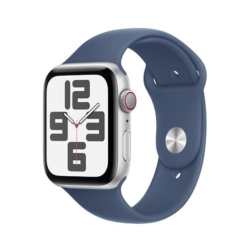 Image of Apple Watch SE (2nd Gen) GPS + Cellular 44mm Smartwatch with Silver Aluminium Case with Denim Sport Band - S/M. Fitness and Sleep Trackers, Crash Detection, Heart Rate Monitor, Retina Display