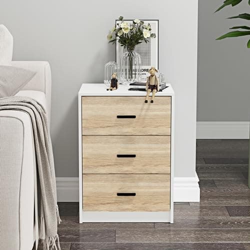 Image of URBNLIVING 3 Drawer Wooden Bedroom Bedside Cabinet (White Carcass + Oak Drawers)