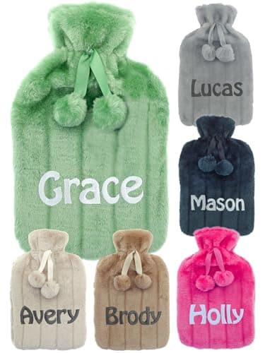 Image of Personalised Hot Water Bottle with Soft Faux Fur Cover + Pom Poms Gift for Cozy Nights Pain Relief for Back Neck and Shoulders Great Gift 2 Liter (Green)