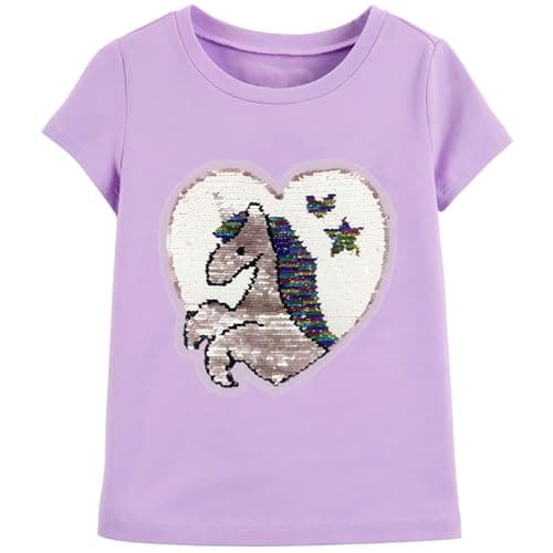 Image of komi kyanissor Girls Purple Unicorn T-Shirt with Reversible Sequin Heart, Short Sleeve Crew Neck Kids Summer Tops, Iridescent Unicorn Graphic Tee, Gift for 5 Year Old Girl