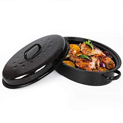 Image of VonShef Enamel Roaster with Lid - Self-Basting, Deep Oval, Non-Stick Black Steel Oven Roasting Tin Heats up to 230°C for Stews, Casseroles & Roast Dinners - Gas/Electric, Easy Clean - 38cm