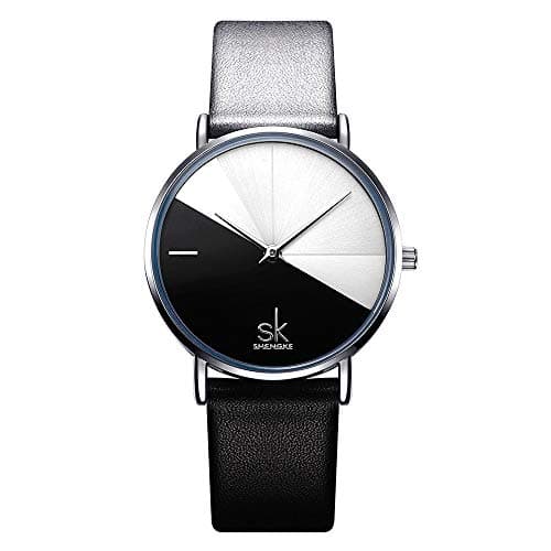 Image of SHENGKE Creative Contrast Color Simplicity Women Watch Genuine Leather Elegant Women Watches Ladies Wristwatch(K0095-Black&White)