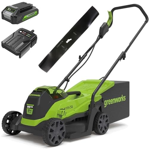 Image of Greenworks 24V Cordless Lawnmower with Brushless Motor for Smaller Lawns up to 140m², 33cm Cutting Width with 2Ah Battery & Charger-GD24LM33K2 + Greenworks Original 33 cm replacement blade