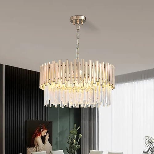 Image of Homary Crystal Chandelier Gold, Modern 2-Tier Ceiling Light with 9 Lights & Adjustable Chain, Elegant Pendant Lighting for Dining Room, Living Room, Bedroom, Hallway (55cm)