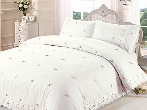 Image of Rapport Home Sophie Floral Ruffled Double Duvet Cover Set - Cream Polycotton Bedding with 2 Pillowcases, Machine Washable