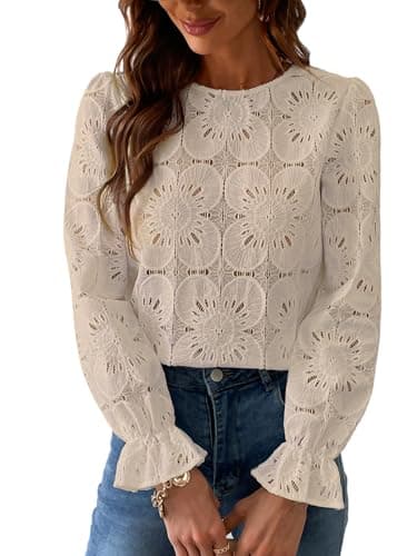 Image of CUPSHE Women Blouse Cutout Flower Top Round Neck Long Sleeve Elastic Cuffs Elegance Shirt, Khaki, L