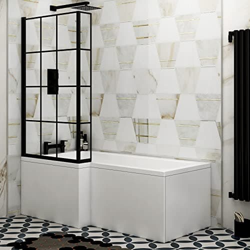 Image of Qubix 1500 x 850mm Left Hand L-Shaped Shower Bath Bathtub with Front Panel + Black Framed Screen