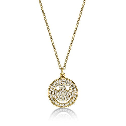 Image of Diamond Treats Yellow Gold HAPPY FACE Necklace in 925 STERLING SILVER for Women and Teen Girls, 18K Gold Plated set with Sparkling Cubic Zirconia. Ladies Gold Pendant & Chain.
