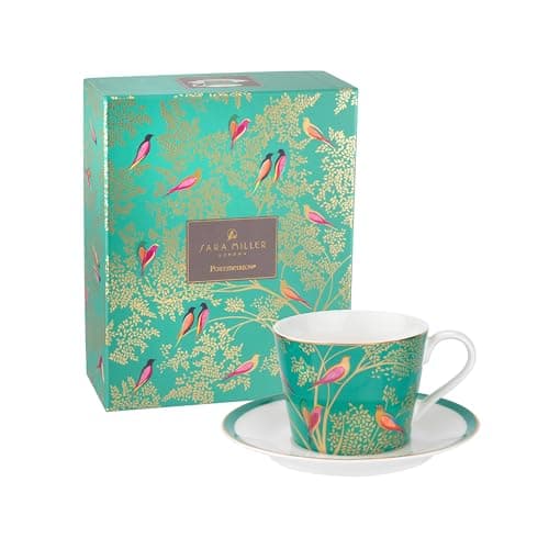 Image of Portmeirion x Sara Miller London Cup and Saucer Gift Set - Green & White Tea Cup and Saucer with 22ct Gold Detailing, Chelsea Collection