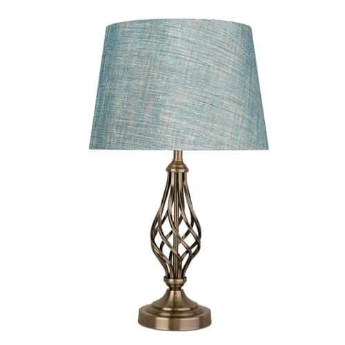 Image of Lighting Supermarket Queenswood Traditional Barley Twist Table Lamp with Blue Gold Linen Shade - Antique Brass