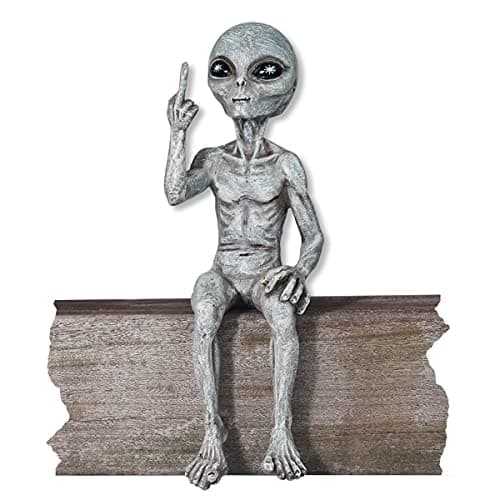 Image of John Bernard & Company Rude Alien Statue “Flipping The Bird” 10″ H Shelf Sitter Extraterrestrial Figurine Funny Home or Garden Decoration (Alien Gray)