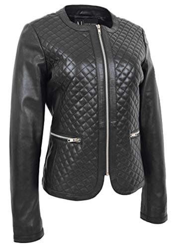 Image of A1 FASHION GOODS Women Collarless Soft Black Leather Jacket Biker Style Fitted Quilted Stitch Remi (18)