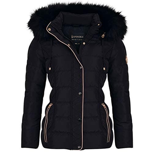 Image of Spindle Womens Ladies Premium Quality Hooded Short Fur Parka Quilted Padded Puffer Coat | Zip Side Pockets | Luxurious Detachable Faux Fur on Hood | Zipped Inner Pocket Black 10