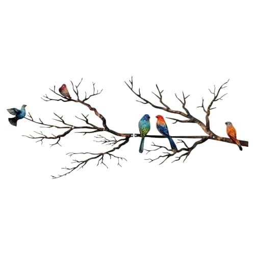 Image of ESTART Metal Birds Wall Art, Metal Vivid Birds on Branch Silhouette Wall Decor Black Leaves with Bird Outdoor Hanging Wall Sculpture for Home Balcony Garden (Classic Color, Large)
