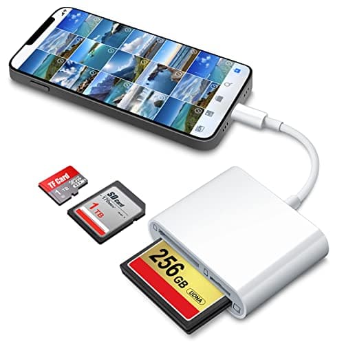 Image of DenicMic SD CF Card Reader for iPhone iPad SD CF TF Memory Card Reader Adapter Digital Camera Reader Trail Game Camera Viewer for iPhone 11/X/8 Plus/8/7 Plus/7/6S, iPad Mini/Air, No App Required