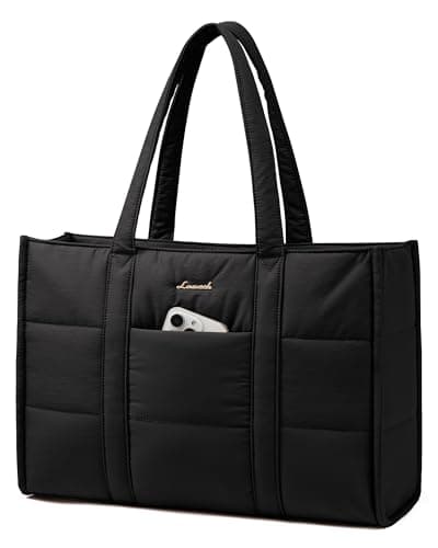 Image of LOVEVOOK Tote Bags for Women, Puffer Quilted Work Bag Ladies Handbags with Zip, Large Womens Totes Hand Bag with 15.6 inch Laptop Compartments for School Uni Teacher College, Black