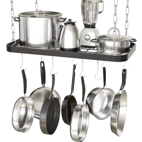 Image of JackCubeDesign Ceiling Mount Grid Pot Pan Rack Hanger Organiser Kitchen Storage Shelf Tray Holder with Utility 8 Hooks(62 x 30 x 3 cm) – :MK397B