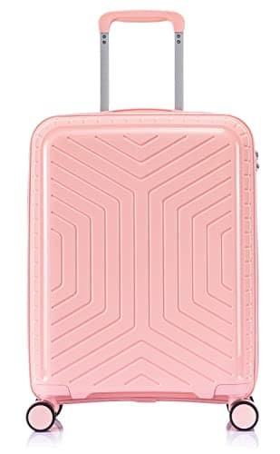 Image of DK Luggage 20” Cabin Ryanair, EasyJet, BA, Jet 2 Hard Shell Approved Hand Luggage Polypropylene Suitcase 4 Wheel Spinner Luggage PP20 Light Pink