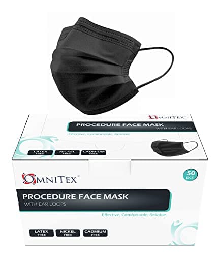 Image of Omnitex British Brand BLACK 3ply Premium Type IIR Disposable Surgical Face Mask | EN14683:2019 | 98% Filtration, Fluid Resistant, Medical Face Mask 2R with Ear Loops - Pack of 50