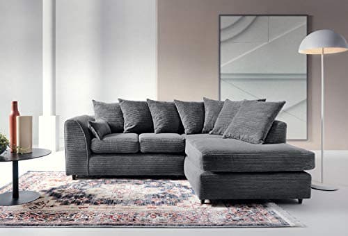 Image of Abakus Direct Right Hand Corner Sofa - Jumbo Cord L Shaped Sofas for Living Room with Thick Luxury Deep Filled Cushioning | Contemporary Chaise Lounge Sofa in Elegant Grey | 212Wx164Dx78H