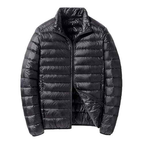 Image of Men's Outdoor Jackets Men's Short and Lightweight Down Jacket Stand Up Collar Hooded Couple's Style Middle and Young Men's Thin Down Jacket Plus Size Jacket (Black, XXXXL)