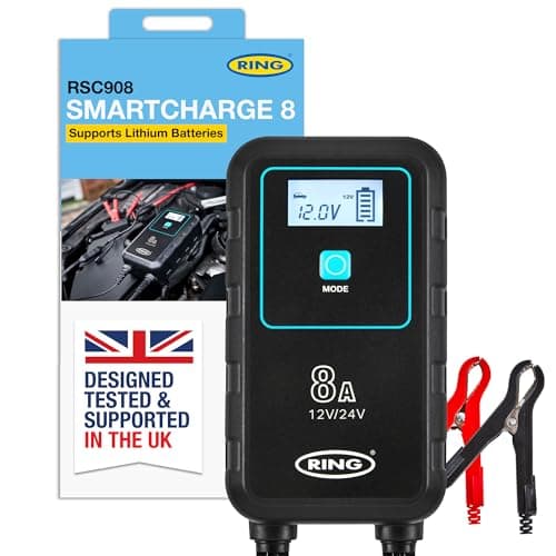 Image of RING SMARTCHARGE 8A Car Charger & Maintainer With Crocodile Clips & Built-In Hanging Hook - Compatible With Lithium Ion, Lead Acid, Gel, Calcium, EFB & AGM Batteries