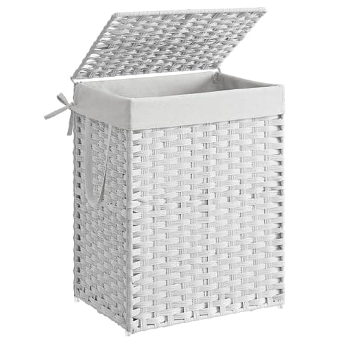 Image of SONGMICS Handwoven Laundry Basket, 90L Synthetic Rattan Clothes Hamper with Lid and Handles, Foldable, Removable Liner Bag, White LCB51WT