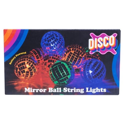 Image of Fizz Creations Disco Mirror Ball String Lights. Includes 10 Multicolour LED Mini Mirror Balls on 170cm String. Battery Powered. Indoor Wall Decor for Home Party Retro AnniversaryBedroom Disco Lights.