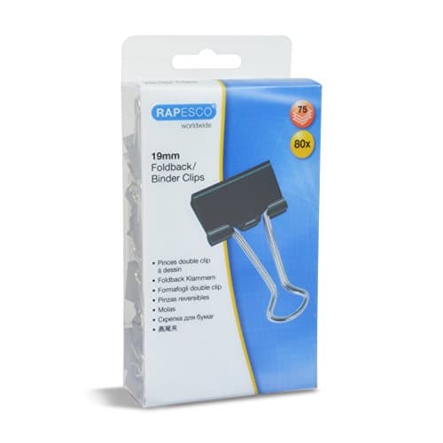 Image of Rapesco 1429 19 mm Foldback Clips, Black, Pack of 80