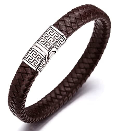 Image of HALUKAKAH ● Solo ● Men's Genuine Brown Leather Bracelet Titanium Clasp with Magnets 8.46"(21.5cm) - with Giftbox