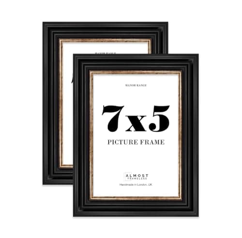 Image of 7x5 Picture Frame, Display 7x5 Pictures (17.8 x 12.7cm) - Black & Gold Vintage 42mm Edge Ideal for Home Gallery Display - 2 Pack