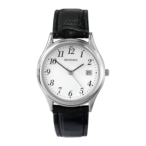 Image of Sekonda Robinson 40mm Mens Silver Watch with White Dial Analogue Display Date Window and Black Leather Strap