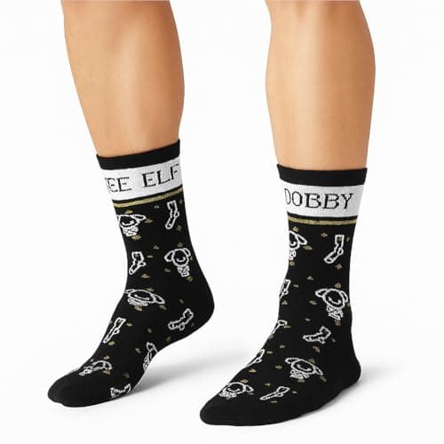 Image of Licensed Harry Potter Dobby Men’s Crew Socks | Free Elf Black Socks with House-Elf Motif | Official Hogwarts Merchandise | UK 6-11 / EU 39-46