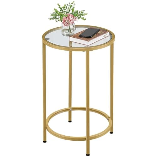 Image of Yaheetech Round Side Table, Small Glass Coffee Table With Sturdy Metal Frame, Modern End Table with Tempered Glass Top, Sofa Table for Living Room/Bedroom, Gold