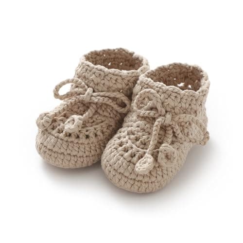 Image of mimixiong Baby Booties Hand Crochet Knit Cotton Shoes Soft Cozy Warm Newborn First Walkers for Infant Boy Girl (Beige, Infant, 0 Months, Age Range, UK Footwear Size System, 3 Months, Medium)