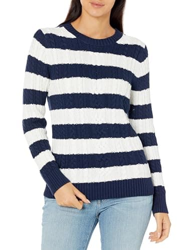 Image of Amazon Essentials Women's Fisherman Cable Knit Long-Sleeve Crewneck Jumper (Available in Plus Size), Navy White Rugby Stripe, XL