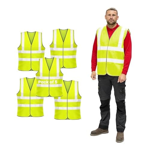 Image of Vasego - 5 Pack of Plain Hi Visibility Reflective Safety Vest for Men & Women Fluorescent Waistcoat for Outdoor Running Walking Motor Bicycle Drivers -Class 2 (Plain Vest, Yellow, L)