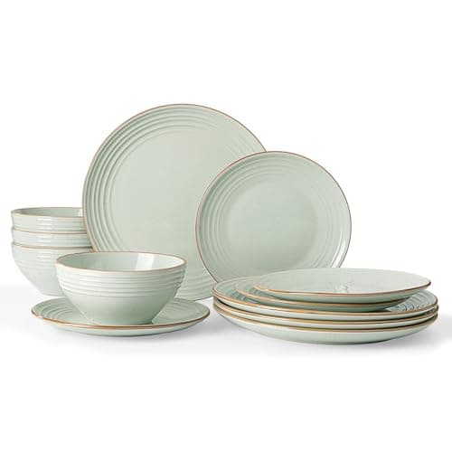 Image of Richmount Jupiter Plates and Bowls Set, Reactive Glaze Dinner Set for 4, 12 Pieces Stoneware with Gold Rim, Scratch Resistant Dinnerware Service for 4, Microwave & Dishwasher Safe, Light Green