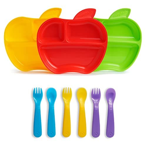 Image of Munchkin Lil' Apple Divided Toddler Plates, Pack of 3 Colour Change Toddler Forks and Spoons, Pack of 6