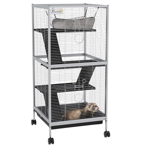 Image of PawHut Small Animal Cage with Wheels Pet Home for Chinchillas Ferrets Kittens, with Hammock, 4 Platforms, Removable Tray, Light Grey