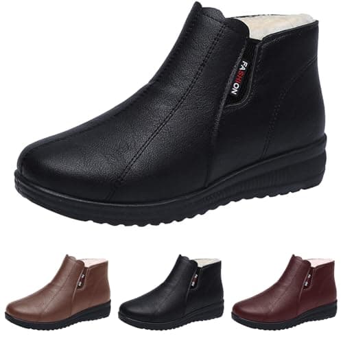Image of cushion walk boots for women Classic Platform Snow Boots for Women Slip On Ankle Boots Wide Fit Mini Short Boot Suede Leather Snow Boots Warm Fur Lined Winter Boots